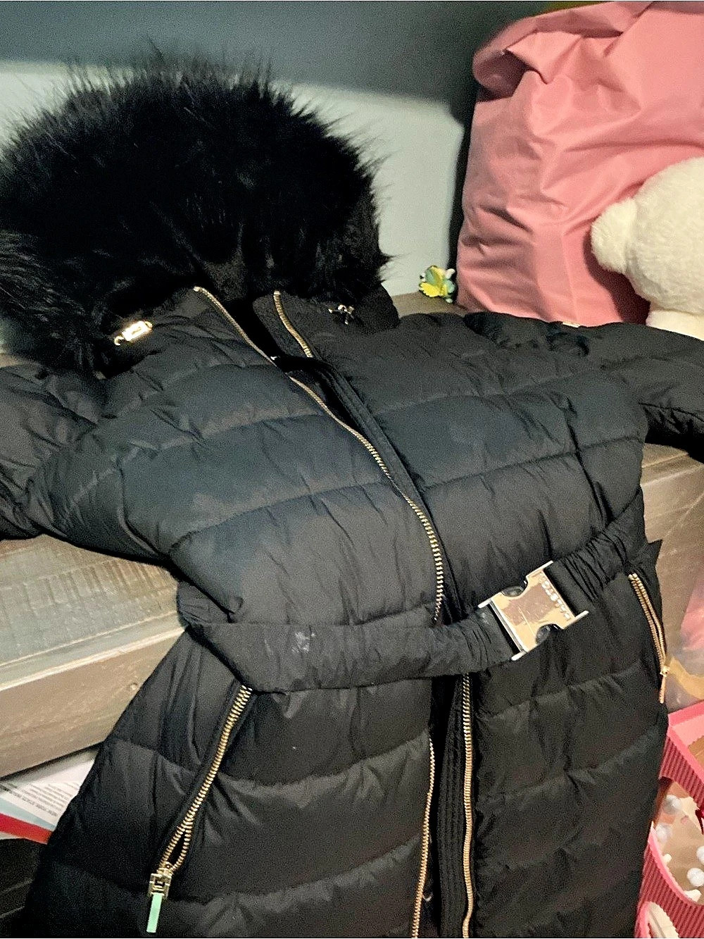 Halston Faux Fur Trim Belted Puffer Coat Black